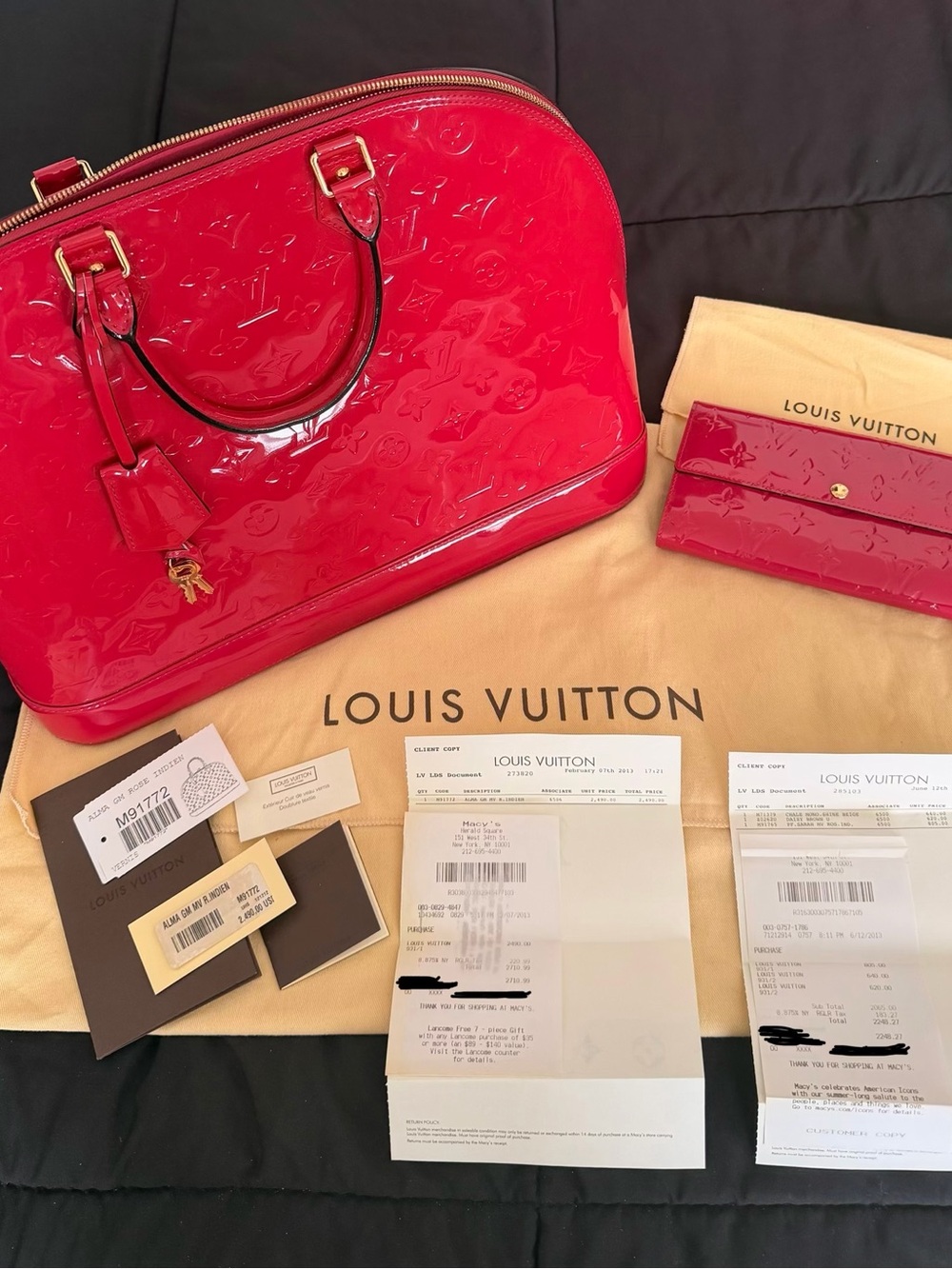 Louis Vuitton Shiny Red Vernis Alma Satchel with Matching Wallet